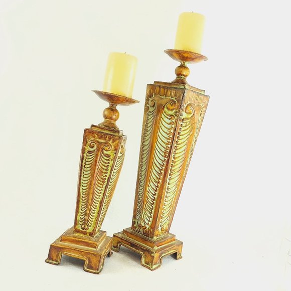 Pillar candle holder PAIR Metal with Patina Finish 2 heights - Picture 2 of 10